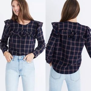 Madewell Plaid Ruffle Yoke Long Sleeve Top